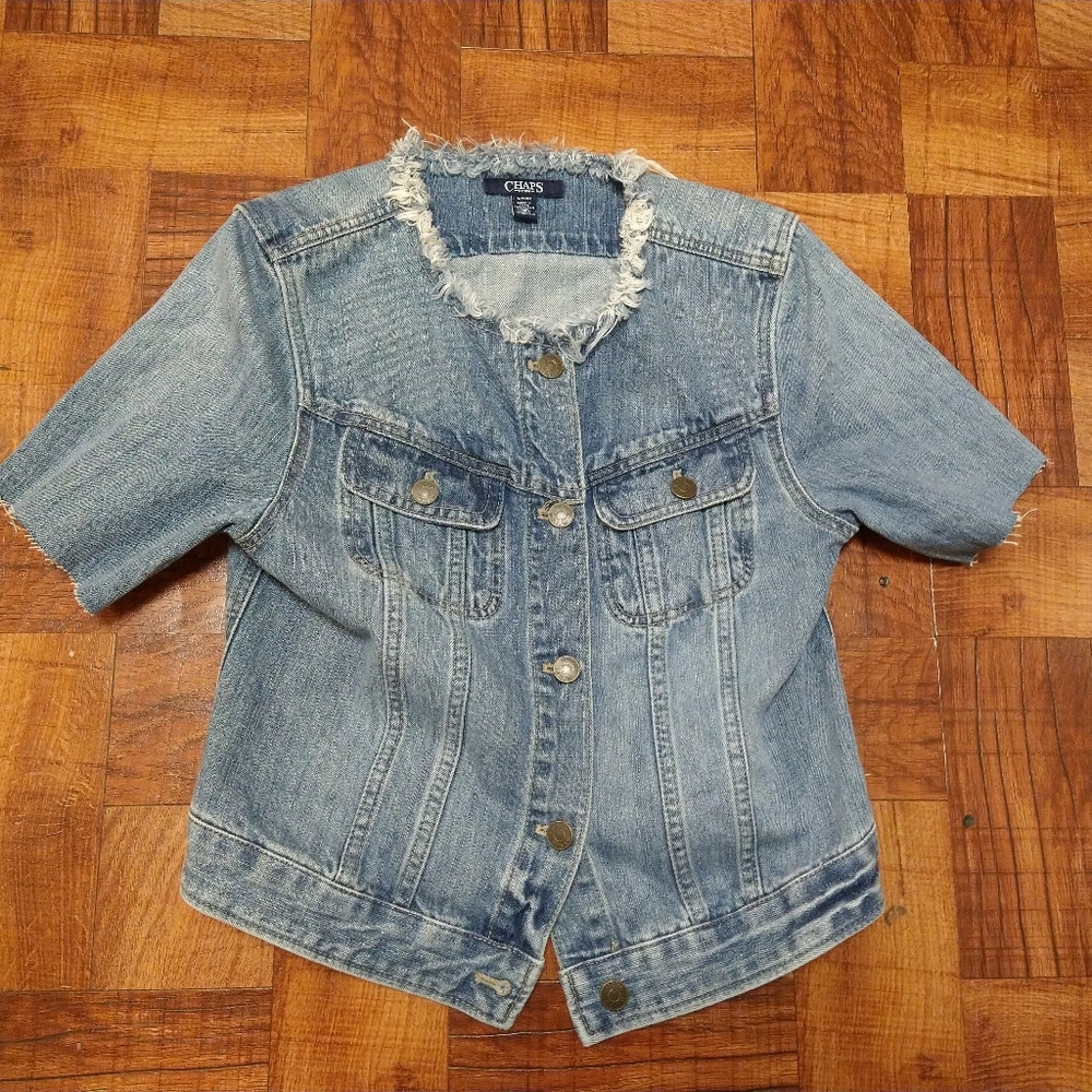 Vtg 90s Y2K Chaps Denim UPCYCLED Blue Jean Jacket Distressed Raw Women's Small